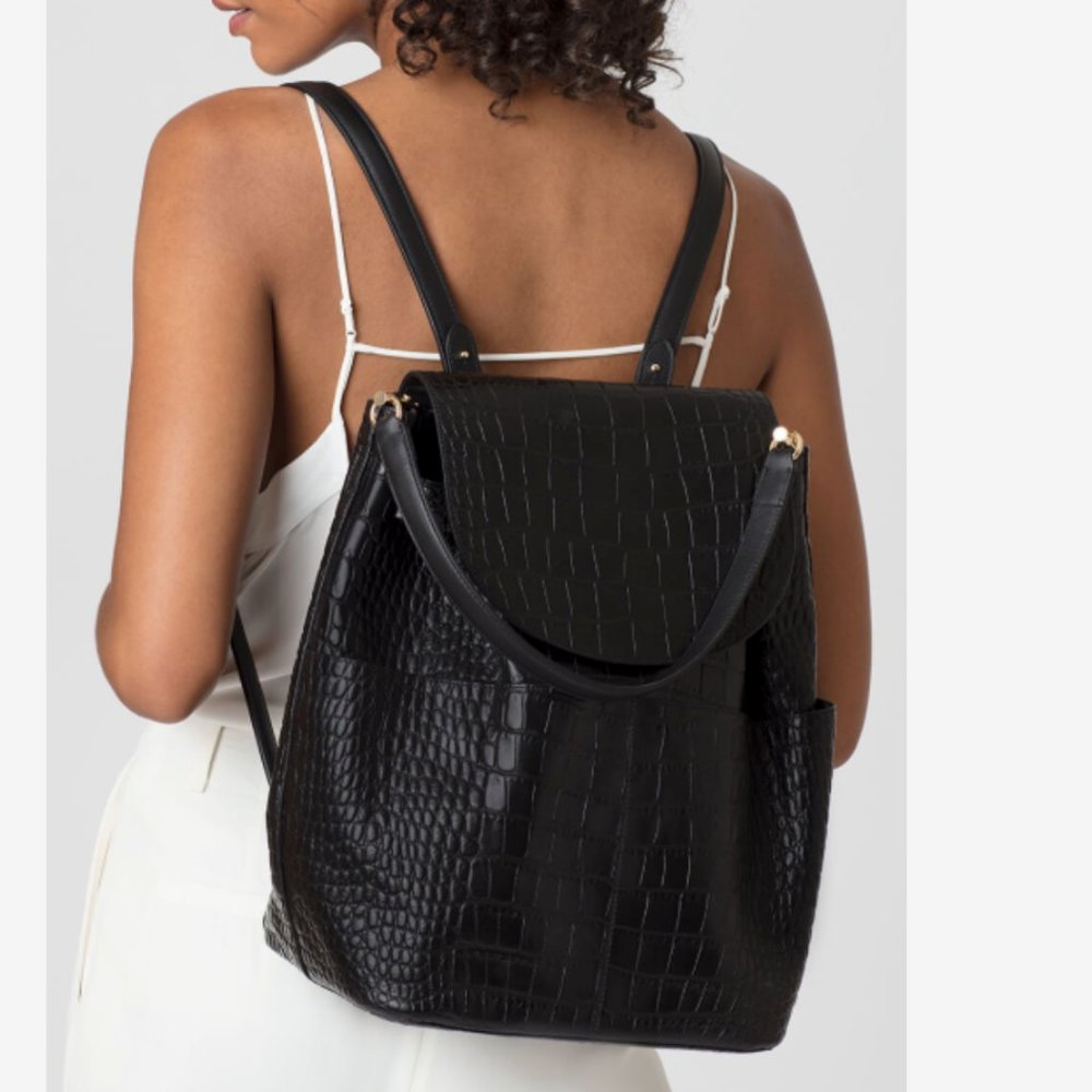 Cuyana Black Croc-Embossed Backpack